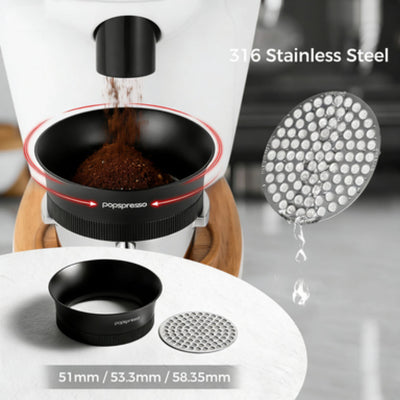 Popspresso magnetic dosing funnel and 316 stainless steel puck screen set, compatible with 51mm, 53.3mm, and 58.35mm portafilters for a clean espresso workflow.